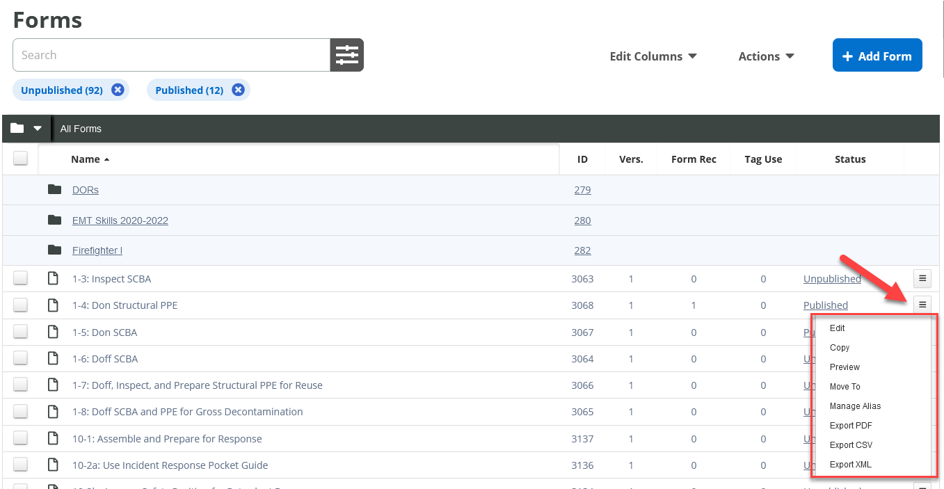 Forms Management Actions