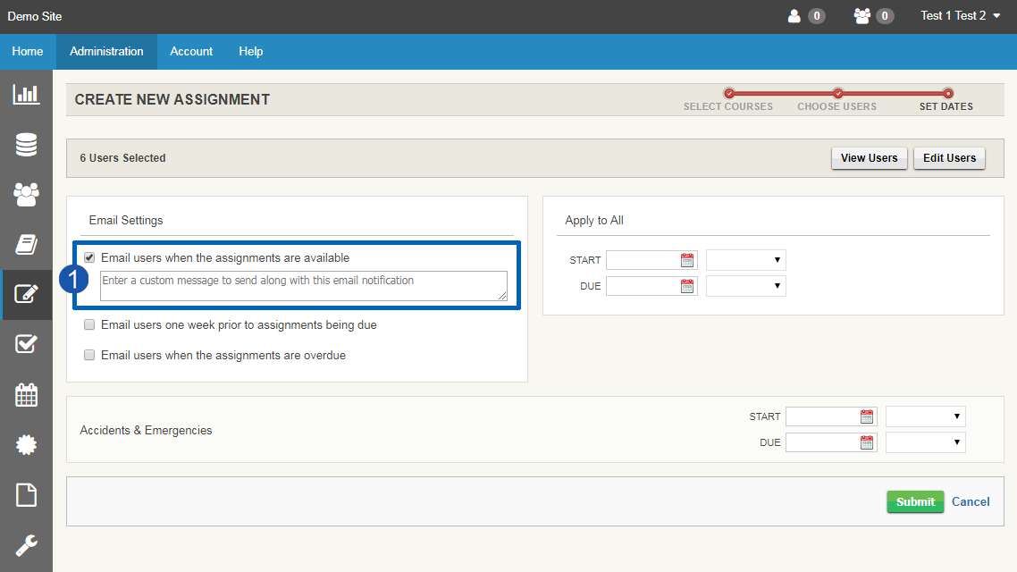 How do I send custom messages or emails when I send out an assignment?
