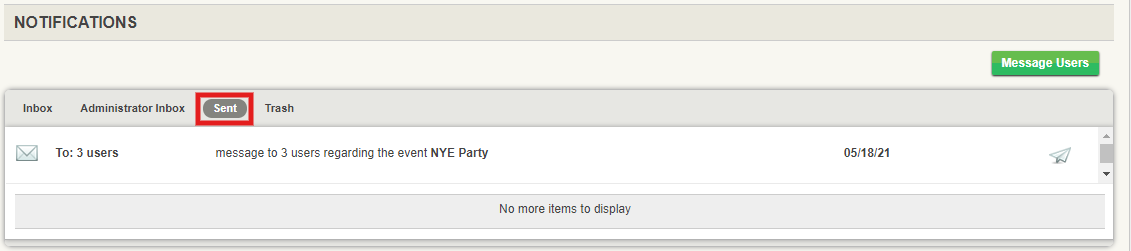 Viewing sent messages in the notifications inbox