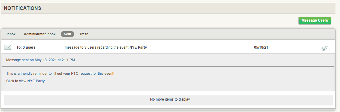 Viewing sent messages in the notifications inbox