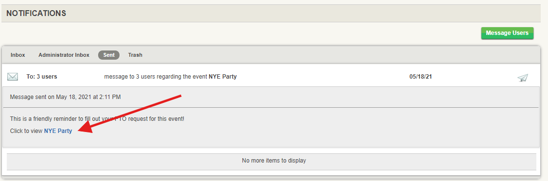 Viewing sent messages in the notifications inbox